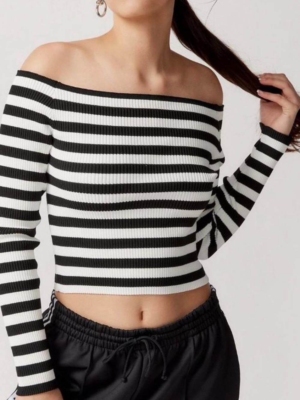 Urban Outfitters Black & White Off Shoulder Striped Long Sleeve Top